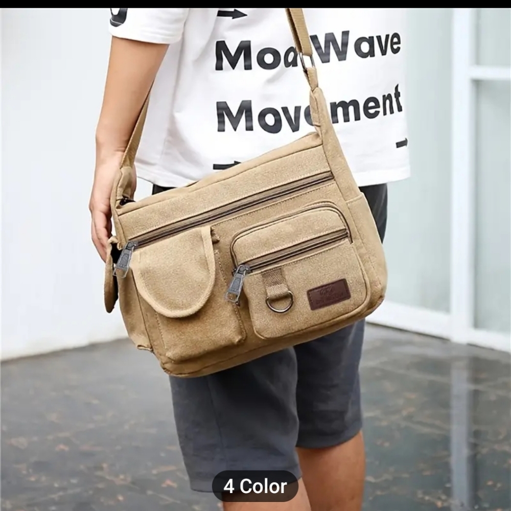 Mens New Tan Canvas Multi pocket Messenger Bag